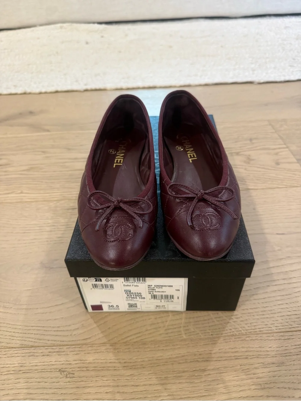 CHANEL Burgundy Quilted CC Bow Ballet Flats